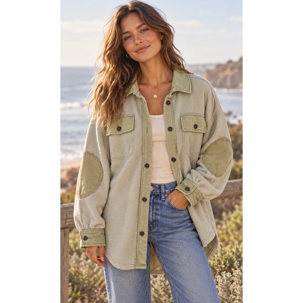 Free People Ruby Shirt Fleece Oversized Buttondown Shacket Jacket Large Green